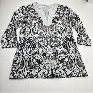 J. McLaughlin Womens SZ Medium Blouse Black White Paisley Stretch Catalina Cloth